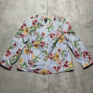 Rafaella Floral Tapered Blazer Crewneck Jacket Womens Sz‎ Large Blue Striped